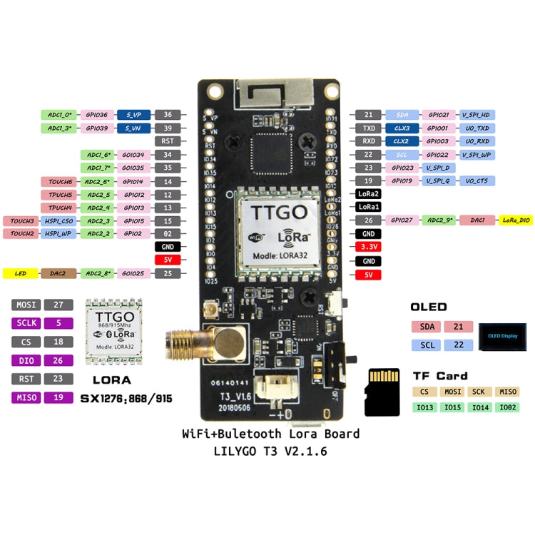 TTGO LORA32 V2.1 ESP32 0.96인치 OLED 블루투스 WiFi 무선 모듈 915MHz SMA IP5306 모듈 안테나 포함, 915MHz