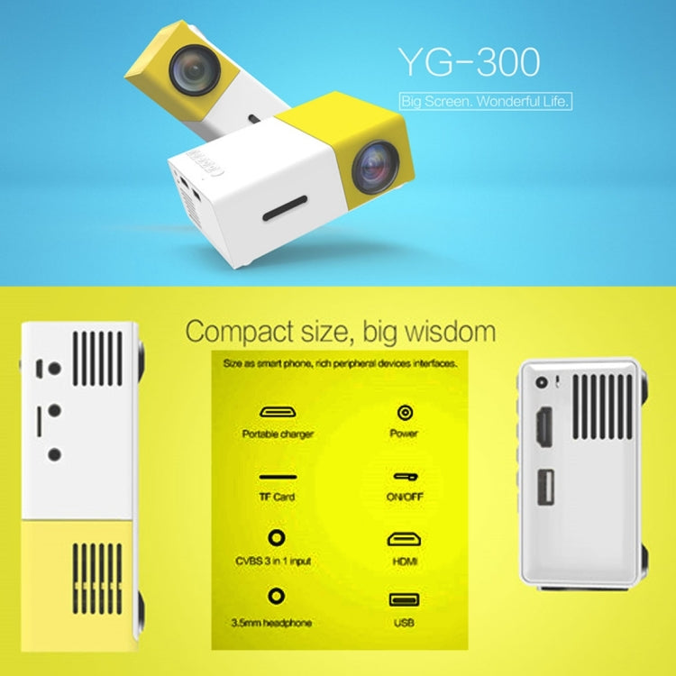 YG300 400루멘 휴대용 미니 홈 시어터 LED 프로젝터 리모컨 포함, HDMI, AV, SD, USB 인터페이스 지원