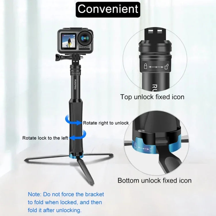 RUIGPRO 일체형 핸드헬드 삼각대 셀피 스틱 텔레스코픽 모노포드 마운트, GoPro, Insta360, DJI 및 기타 액션 카메라용, 블랙