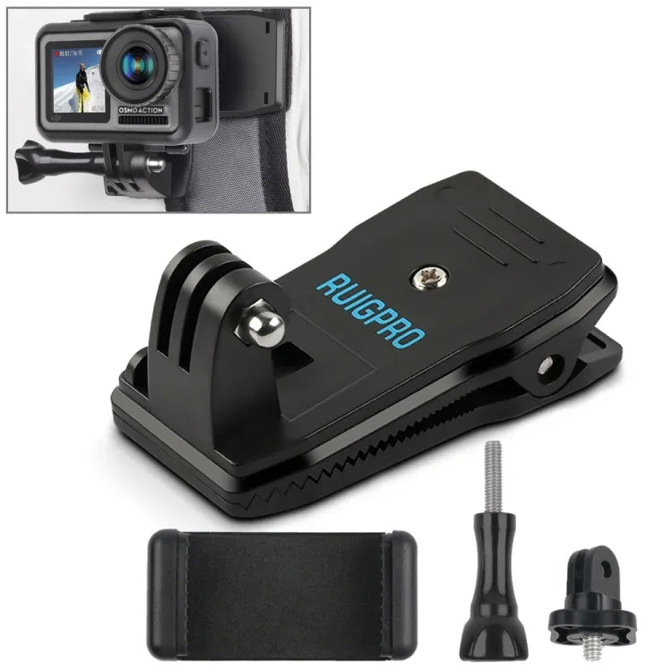 RUIGPRO 360도 회전 백팩 Rec-마운트 클립 클램프 마운트 + 휴대폰 클램프, GoPro, Insta360, DJI 및 기타 액션 카메라용, Rec-마운트+클램프