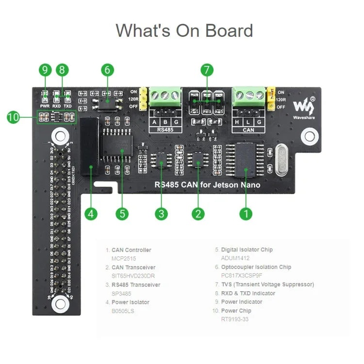 Waveshare RS485 CAN 확장 보드 Jetson Nano용, 디지털 절연, 내장 보호 회로