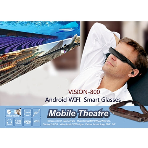 VISION-800 안드로이드 4.4 1GB+2GB 슈퍼 스마트 레티나 안경 3D VR 가상 현실 헤드셋, 5.0MP 카메라, WiFi, 블루투스, TF 카드, 비디오 녹화 지원