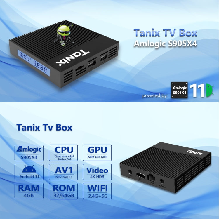 Tanix X4 안드로이드 11 스마트 TV 박스, Amlogic S905X4 쿼드 코어, 4GB+32GB, 듀얼 WiFi, BT, 4GB+32GB