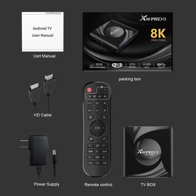 X88 Pro 13 안드로이드 13.0 스마트 TV 박스 리모컨 포함, RK3528 쿼드코어, 4G+64GB, 4G+64GB