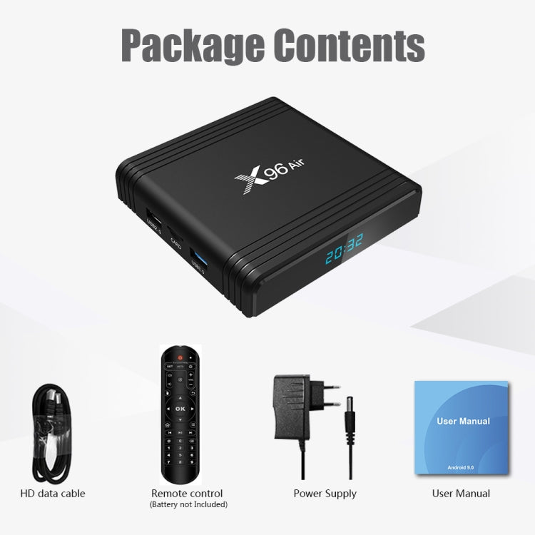 X96 Air 8K 스마트 TV 박스 안드로이드 9.0 미디어 플레이어 리모컨 포함, 쿼드코어 Amlogic S905X3, RAM: 4GB, ROM: 32GB, 듀얼 밴드 WiFi, 블루투스, AU 플러그, 4GB+32GB