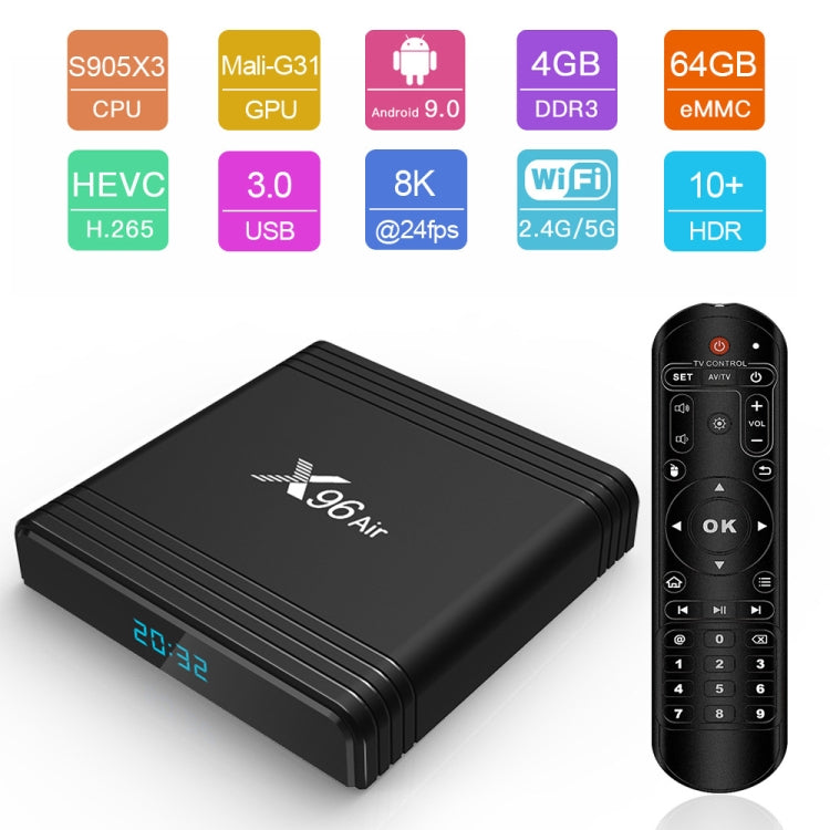 X96 Air 8K 스마트 TV 박스 안드로이드 9.0 미디어 플레이어 리모컨 포함, 쿼드코어 Amlogic S905X3, RAM: 4GB, ROM: 64GB, 듀얼 밴드 WiFi, 블루투스, AU 플러그, 4GB+64GB