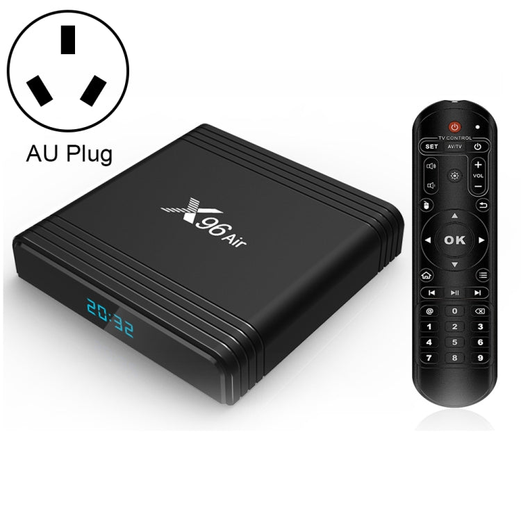 X96 Air 8K 스마트 TV 박스 안드로이드 9.0 미디어 플레이어 리모컨 포함, 쿼드코어 Amlogic S905X3, RAM: 4GB, ROM: 64GB, 듀얼 밴드 WiFi, 블루투스, AU 플러그, 4GB+64GB