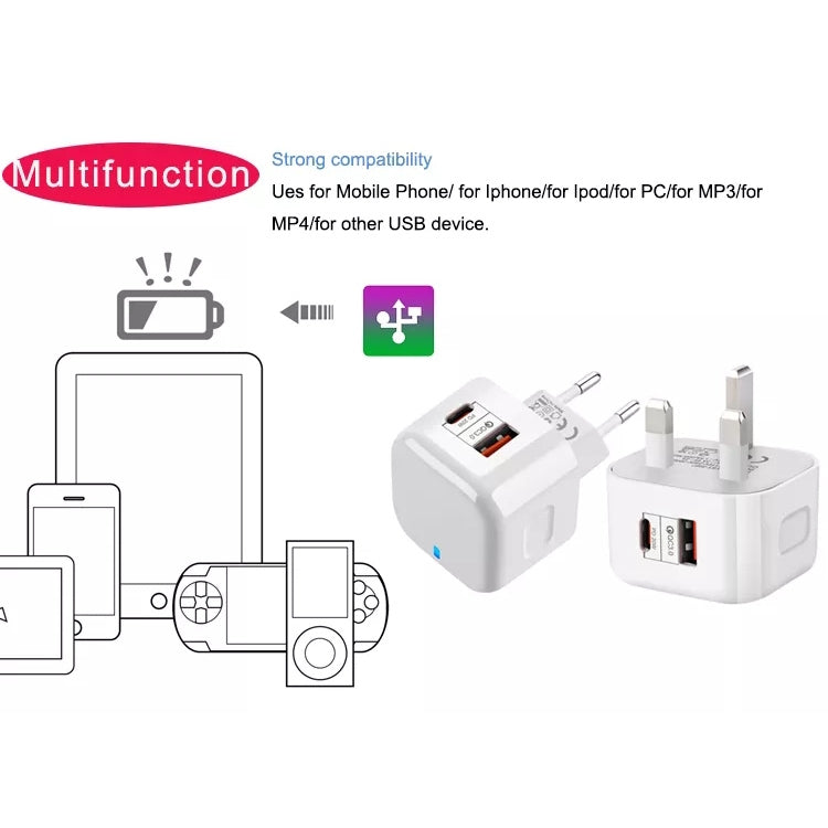 20W PD + QC 3.0 듀얼 포트 여행용 충전기 전원 어댑터, US 플러그, EU 플러그, UK 플러그