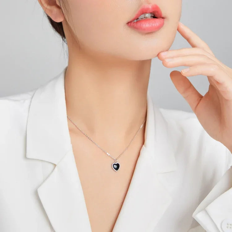 S925 스털링 실버 블랙 하트 여성 목걸이 쥬얼리, 블랙 하트