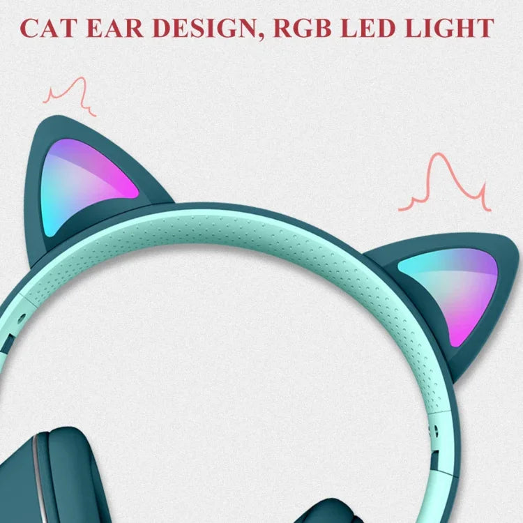 AKZ-022 USB + 3.5mm 포트 고양이 귀 디자인 접이식 LED 헤드셋 마이크 포함