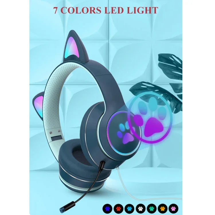 AKZ-022 USB + 3.5mm 포트 고양이 귀 디자인 접이식 LED 헤드셋 마이크 포함