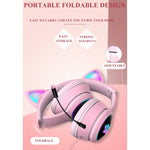 AKZ-022 USB + 3.5mm 포트 고양이 귀 디자인 접이식 LED 헤드셋 마이크 포함
