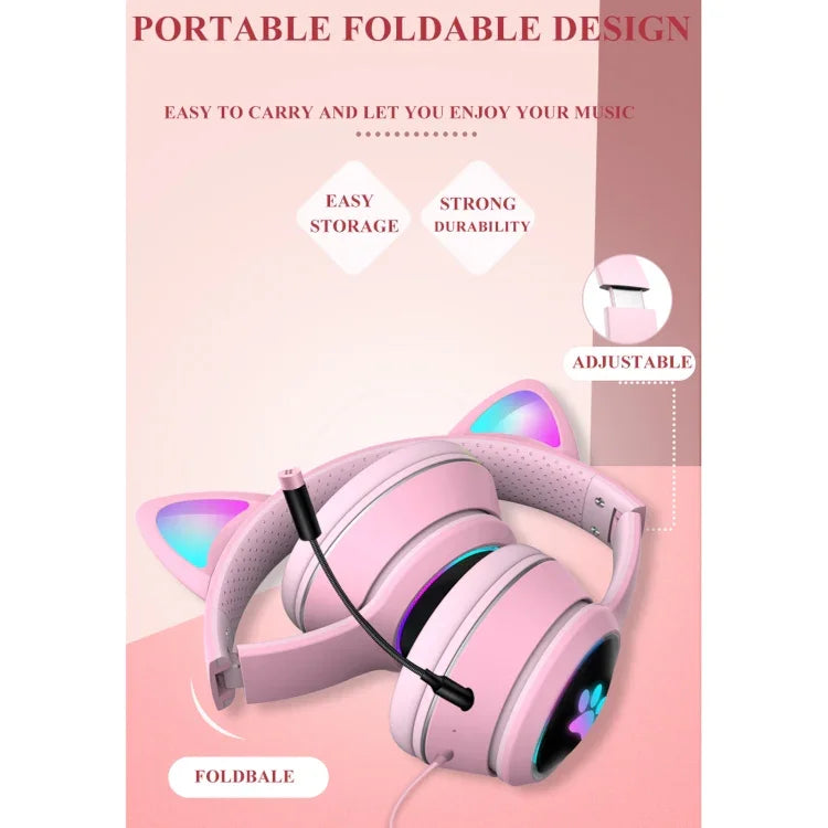 AKZ-022 USB + 3.5mm 포트 고양이 귀 디자인 접이식 LED 헤드셋 마이크 포함