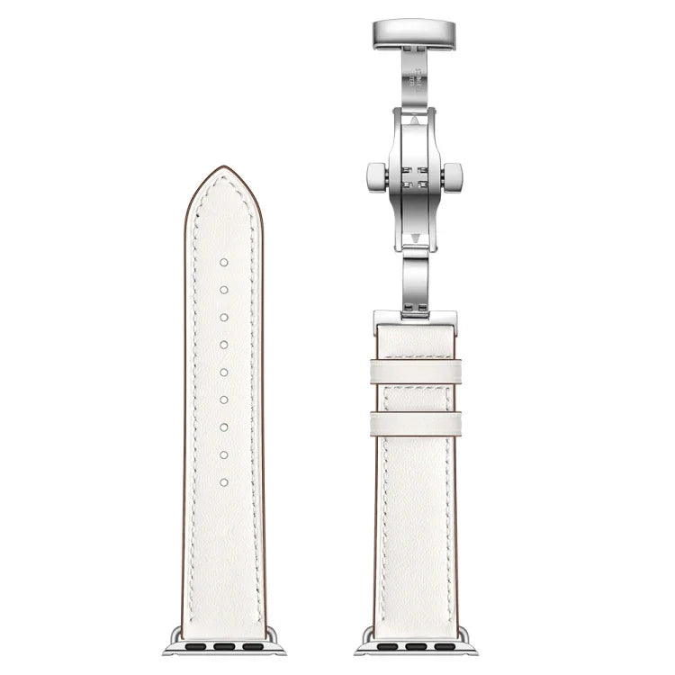 정품 가죽 + 버터플라이 실버 버클 교체용 시계 밴드, 애플 워치 시리즈 6 & SE & 5 & 4 44mm / 3 & 2 & 1 42mm용, 실버 버클, 애플 워치 시리즈 7 45mm / 6 & SE & 5 & 4 44mm / 3 & 2 & 1 42mm용