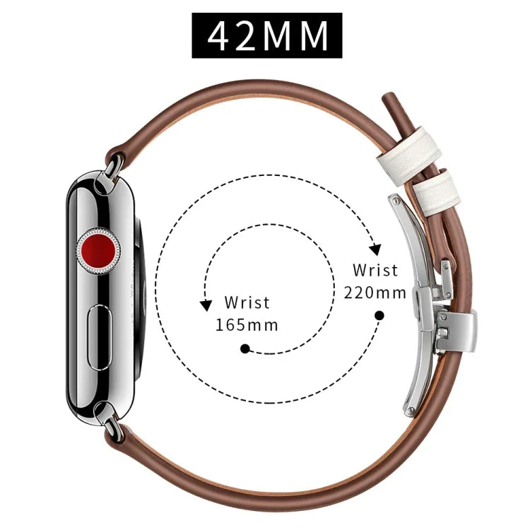 정품 가죽 + 버터플라이 실버 버클 교체용 시계 밴드, 애플 워치 시리즈 6 & SE & 5 & 4 44mm / 3 & 2 & 1 42mm용, 실버 버클, 애플 워치 시리즈 7 45mm / 6 & SE & 5 & 4 44mm / 3 & 2 & 1 42mm용