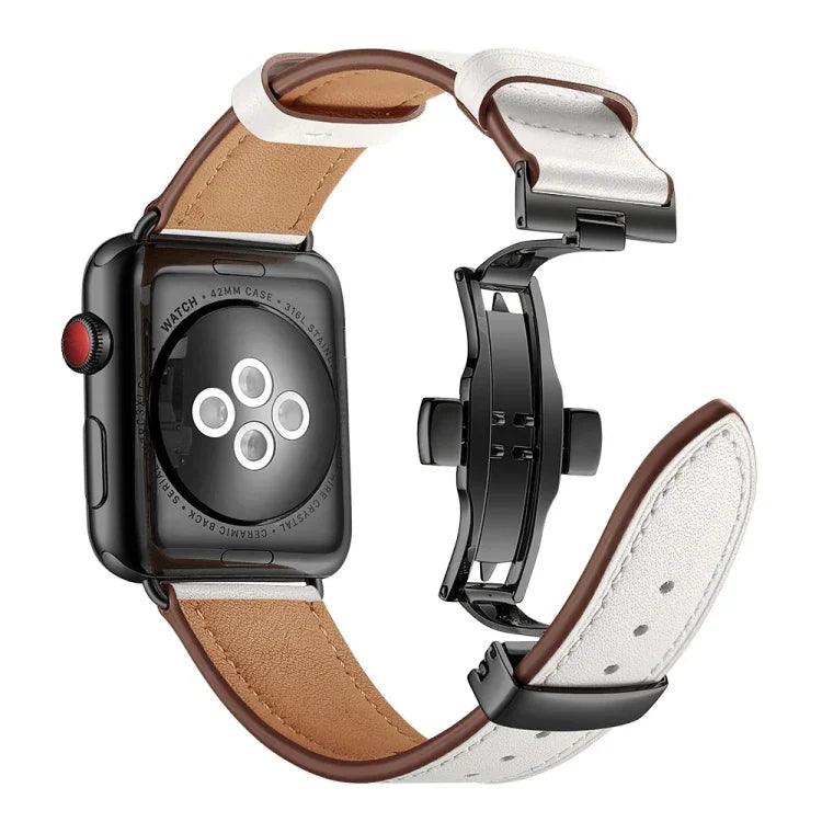 천연 가죽 + 나비형 블랙 버클 교체용 시계줄, Apple Watch 시리즈 6 & SE & 5 & 4 44mm / 3 & 2 & 1 42mm용, Apple Watch 시리즈 7 45mm / 6 & SE & 5 & 4 44mm / 3 & 2 & 1 42mm용 블랙 버클