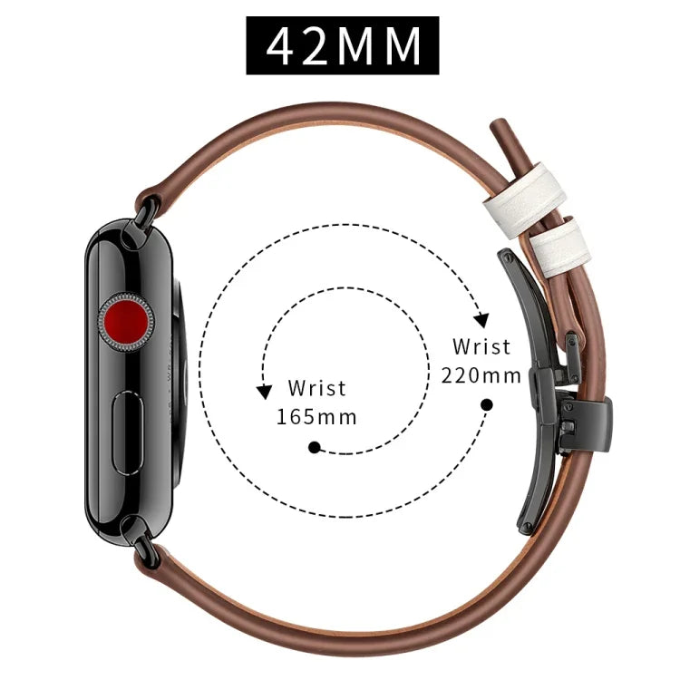 천연 가죽 + 나비형 블랙 버클 교체용 시계줄, Apple Watch 시리즈 6 & SE & 5 & 4 44mm / 3 & 2 & 1 42mm용, Apple Watch 시리즈 7 45mm / 6 & SE & 5 & 4 44mm / 3 & 2 & 1 42mm용 블랙 버클