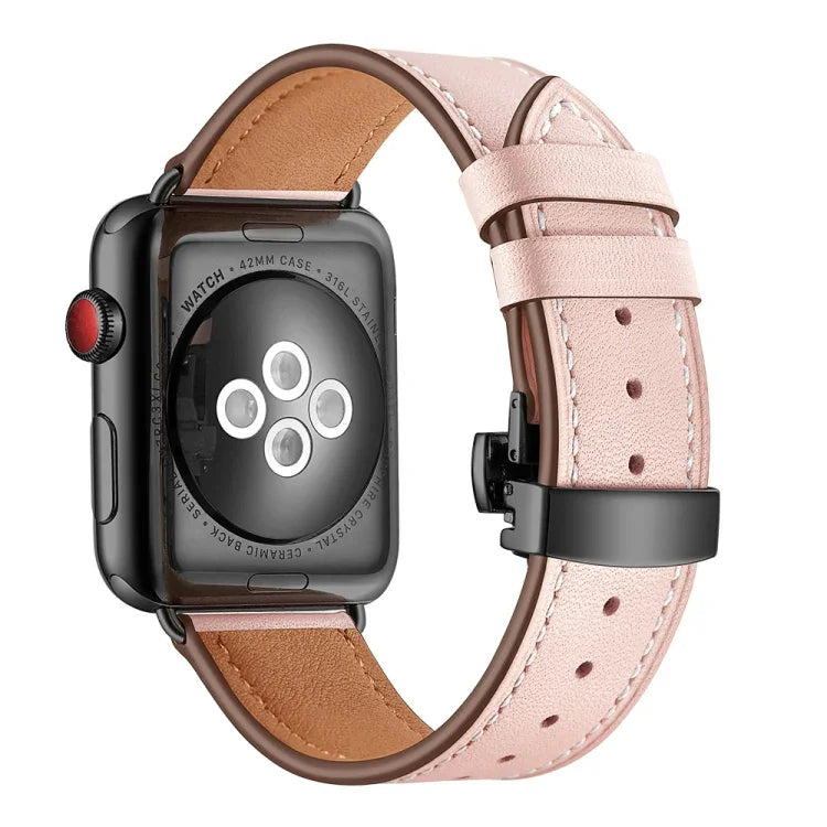 천연 가죽 + 나비형 블랙 버클 교체용 시계줄, Apple Watch 시리즈 6 & SE & 5 & 4 44mm / 3 & 2 & 1 42mm용, Apple Watch 시리즈 7 45mm / 6 & SE & 5 & 4 44mm / 3 & 2 & 1 42mm용 블랙 버클
