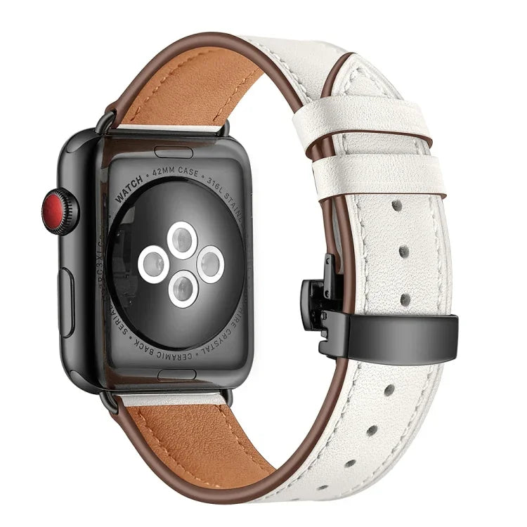 천연 가죽 + 나비형 블랙 버클 교체용 시계줄, Apple Watch 시리즈 6 & SE & 5 & 4 40mm / 3 & 2 & 1 38mm용, Apple Watch 시리즈 8&7 41mm / SE 2&6&SE&5&4 40mm / 3&2&1 38mm용 블랙 버클