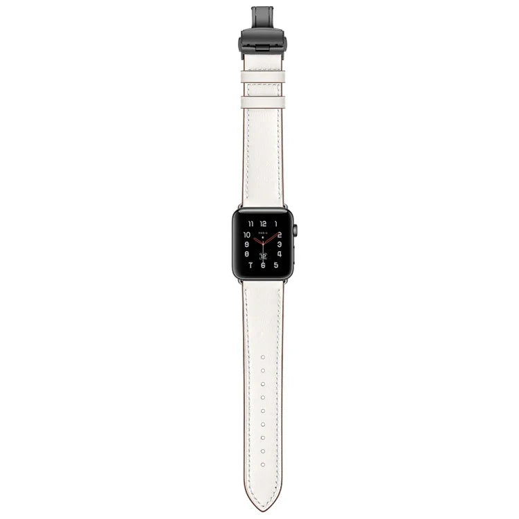 천연 가죽 + 나비형 블랙 버클 교체용 시계줄, Apple Watch 시리즈 6 & SE & 5 & 4 40mm / 3 & 2 & 1 38mm용, Apple Watch 시리즈 8&7 41mm / SE 2&6&SE&5&4 40mm / 3&2&1 38mm용 블랙 버클
