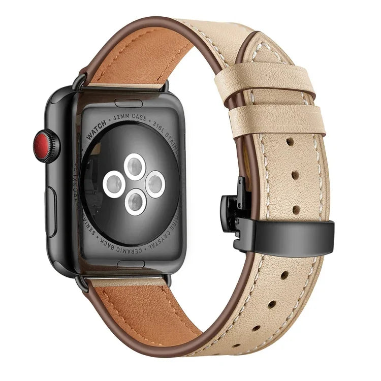 천연 가죽 + 나비형 블랙 버클 교체용 시계줄, Apple Watch 시리즈 6 & SE & 5 & 4 40mm / 3 & 2 & 1 38mm용, Apple Watch 시리즈 8&7 41mm / SE 2&6&SE&5&4 40mm / 3&2&1 38mm용 블랙 버클