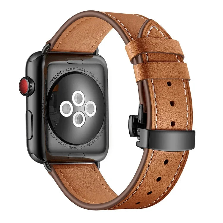 천연 가죽 + 나비형 블랙 버클 교체용 시계줄, Apple Watch 시리즈 6 & SE & 5 & 4 40mm / 3 & 2 & 1 38mm용, Apple Watch 시리즈 8&7 41mm / SE 2&6&SE&5&4 40mm / 3&2&1 38mm용 블랙 버클