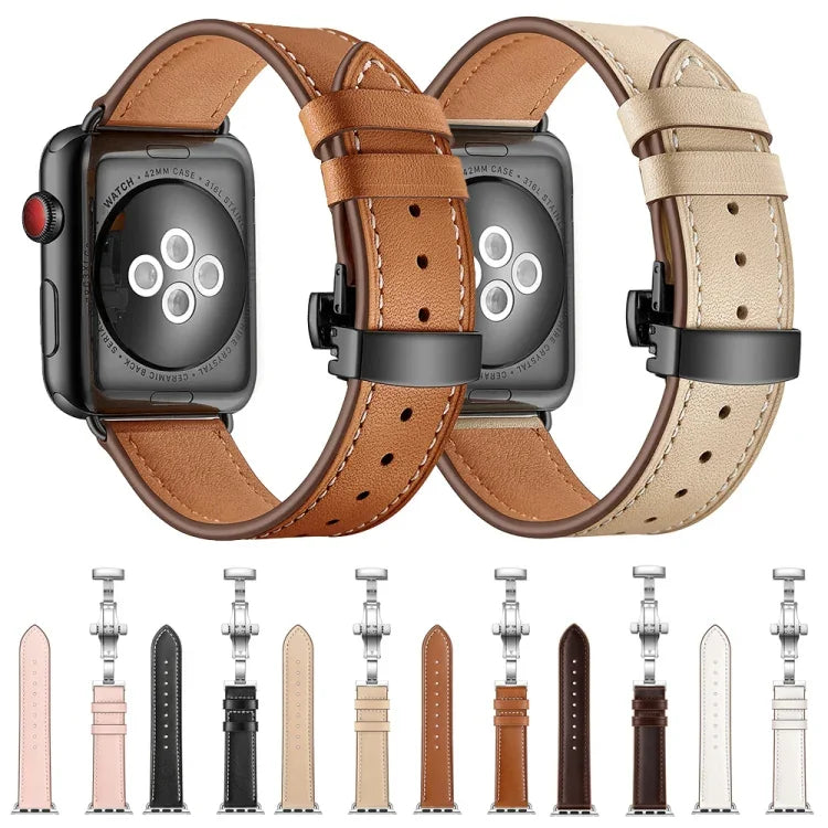 천연 가죽 + 나비형 블랙 버클 교체용 시계줄, Apple Watch 시리즈 6 & SE & 5 & 4 40mm / 3 & 2 & 1 38mm용, Apple Watch 시리즈 8&7 41mm / SE 2&6&SE&5&4 40mm / 3&2&1 38mm용 블랙 버클