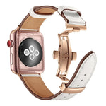 천연 가죽 + 나비형 로즈 골드 버클 교체용 시계줄, Apple Watch 시리즈 6 & SE & 5 & 4 40mm / 3 & 2 & 1 38mm용, Apple Watch 시리즈 7 41mm / 6 & SE & 5 & 4 40mm / 3 & 2 & 1 38mm용 로즈 골드 버클