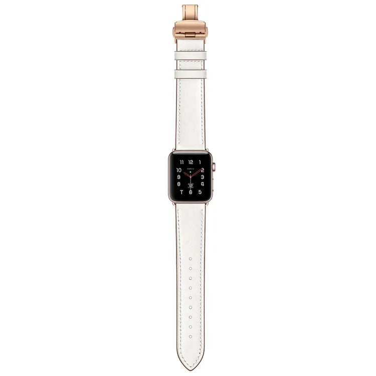 천연 가죽 + 나비형 로즈 골드 버클 교체용 시계줄, Apple Watch 시리즈 6 & SE & 5 & 4 40mm / 3 & 2 & 1 38mm용, Apple Watch 시리즈 7 41mm / 6 & SE & 5 & 4 40mm / 3 & 2 & 1 38mm용 로즈 골드 버클