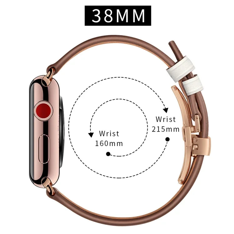 천연 가죽 + 나비형 로즈 골드 버클 교체용 시계줄, Apple Watch 시리즈 6 & SE & 5 & 4 40mm / 3 & 2 & 1 38mm용, Apple Watch 시리즈 7 41mm / 6 & SE & 5 & 4 40mm / 3 & 2 & 1 38mm용 로즈 골드 버클