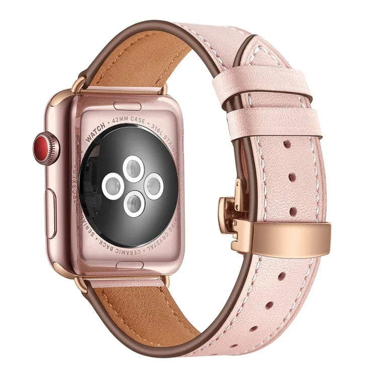 천연 가죽 + 나비형 로즈 골드 버클 교체용 시계줄, Apple Watch 시리즈 6 & SE & 5 & 4 40mm / 3 & 2 & 1 38mm용, Apple Watch 시리즈 7 41mm / 6 & SE & 5 & 4 40mm / 3 & 2 & 1 38mm용 로즈 골드 버클