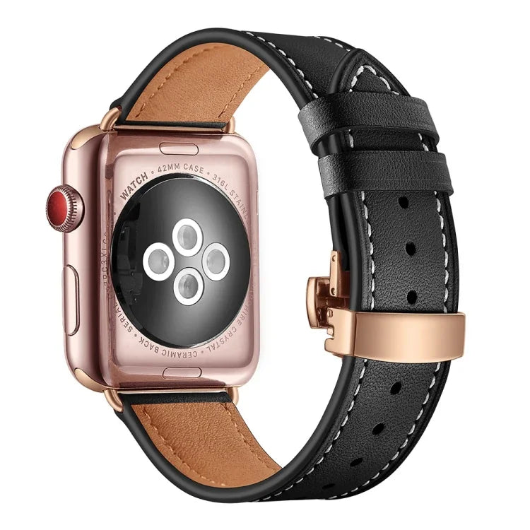 천연 가죽 + 나비형 로즈 골드 버클 교체용 시계줄, Apple Watch 시리즈 6 & SE & 5 & 4 40mm / 3 & 2 & 1 38mm용, Apple Watch 시리즈 7 41mm / 6 & SE & 5 & 4 40mm / 3 & 2 & 1 38mm용 로즈 골드 버클