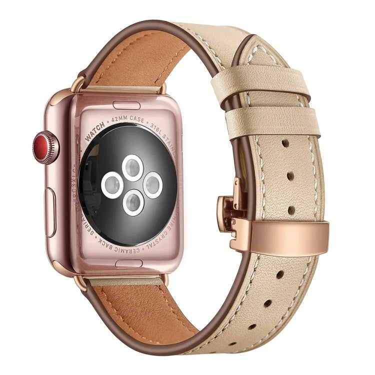 천연 가죽 + 나비형 로즈 골드 버클 교체용 시계줄, Apple Watch 시리즈 6 & SE & 5 & 4 40mm / 3 & 2 & 1 38mm용, Apple Watch 시리즈 7 41mm / 6 & SE & 5 & 4 40mm / 3 & 2 & 1 38mm용 로즈 골드 버클