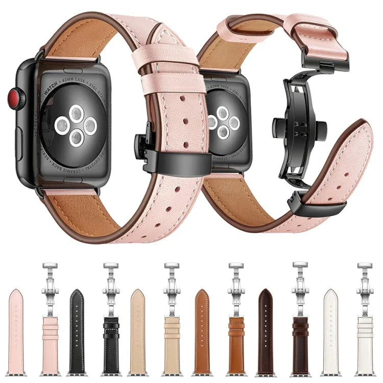 천연 가죽 + 나비형 로즈 골드 버클 교체용 시계줄, Apple Watch 시리즈 6 & SE & 5 & 4 40mm / 3 & 2 & 1 38mm용, Apple Watch 시리즈 7 41mm / 6 & SE & 5 & 4 40mm / 3 & 2 & 1 38mm용 로즈 골드 버클