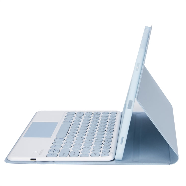 iPad Air 11 2024 / 2025 / Air 4 10.9 2020 / Air 5 10.9 2022용 분리형 캔디 컬러 스킨 느낌 텍스처 라운드 키캡 블루투스 키보드 가죽 케이스, 터치 컨트롤 포함 (퍼플), iPad 10.2 2020 & 2019 / Air 2019 / Pro 10.5인치용