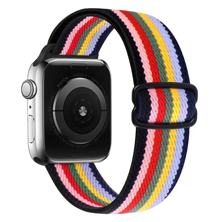 8-shaped buckle nylon replacement strap for Apple Watch in vibrant striped colors, compatible with multiple series and sizes.