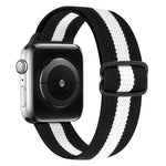 Nylon replacement strap for Apple Watch with black and white stripes, compatible with various Apple Watch models.
