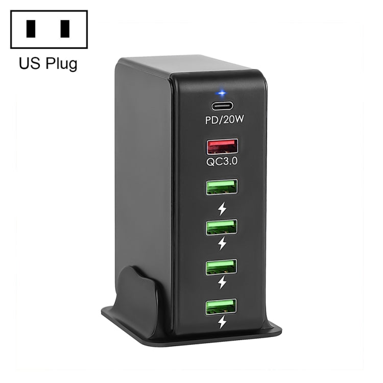 6 in 1 65W PD USB-C / 타입-C + QC 3.0 USB + 4 USB 멀티포트 여행용 충전기, US 플러그, EU 플러그, UK 플러그, AU 플러그