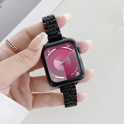 Steel replacement strap for Apple Watch shown on wrist, compatible with multiple Apple Watch models.
