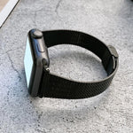 Small Waist Steel Replacement Strap Watchband for Apple Watch, compatible with Series 7 41mm and more, shown in black.