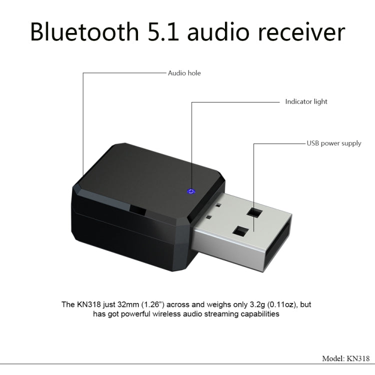 KN318 USB 블루투스 5.1 어댑터 오디오 리시버, KN318