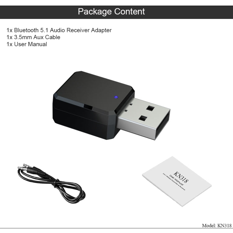 KN318 USB 블루투스 5.1 어댑터 오디오 리시버, KN318