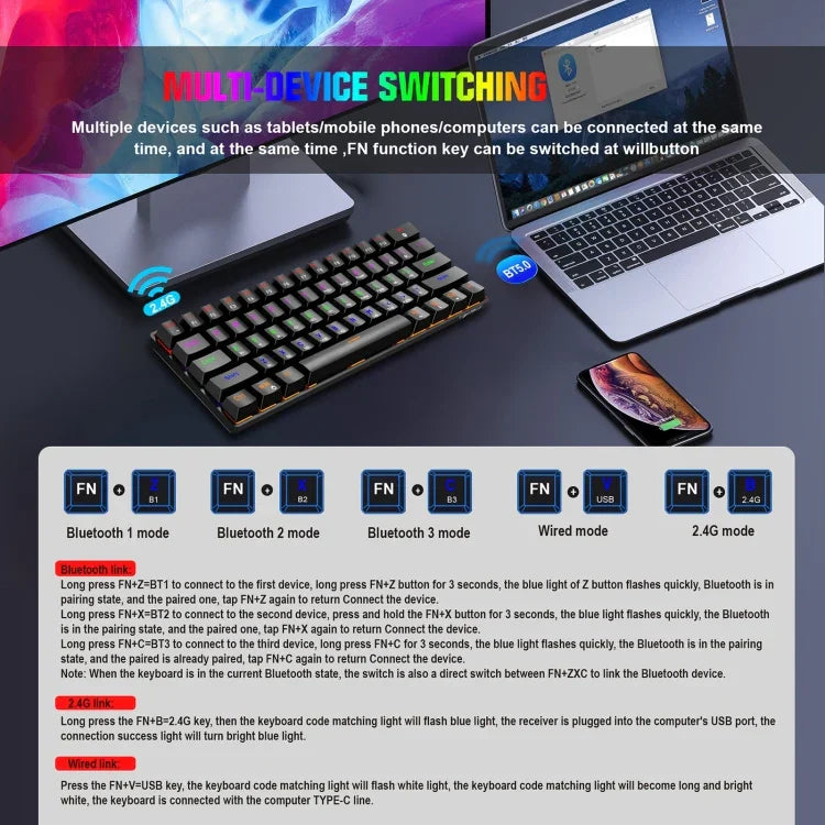 HXSJ L800 61키 블루투스 5.0 / 2.4G 무선 / Type-C 유선 3모드 청축 기계식 키보드