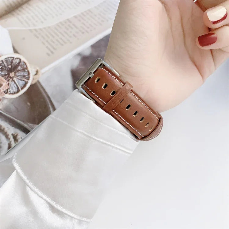 Sewing Leather Replacement Strap Watchband For Apple Watch Series, 7 41mm / 6&SE&5&4 40mm / 3&2&1 38mm, 7 45mm / 6&SE&5&4 44mm / 3&2&1 42mm