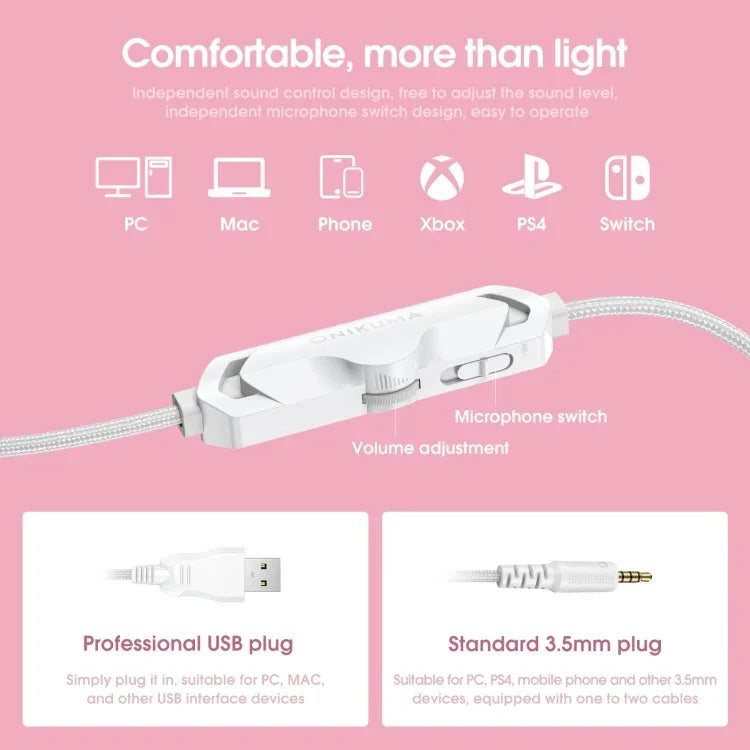 ONIKUMA X10 자동차 귀 LED 라이트 조절 가능한 게이밍 헤드셋 마이크 포함