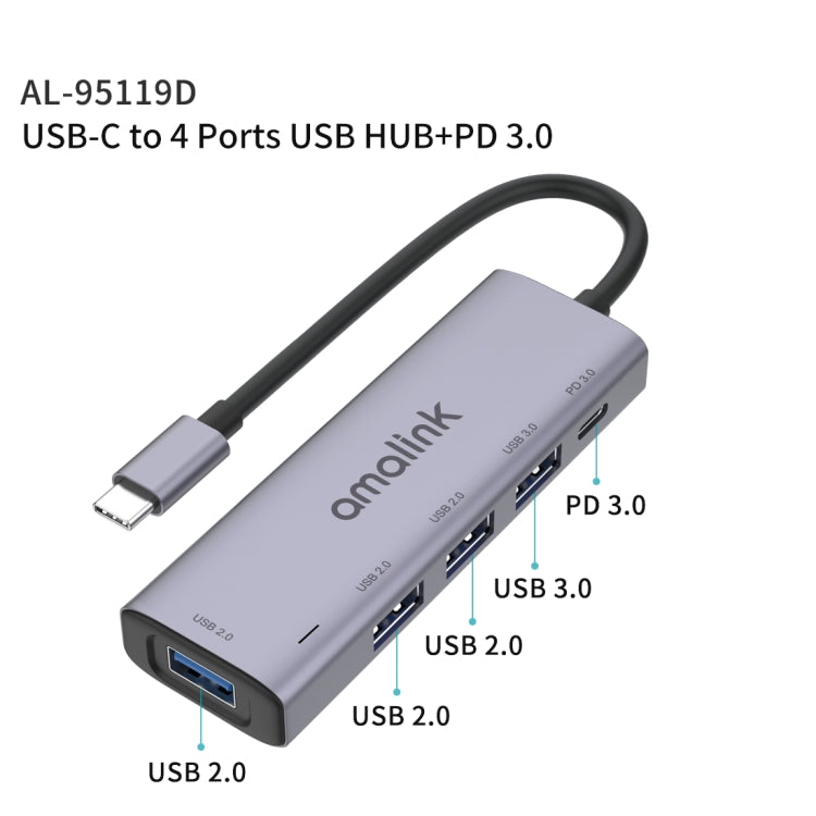 amalink 95119D 타입-C / USB-C to 4포트 USB + PD 3.0 다기능 허브 도킹 스테이션, 95119D