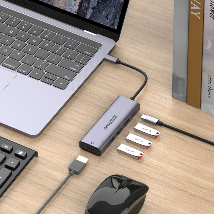 amalink 95123D 타입-C / USB-C to HDMI + 3포트 USB + PD 3.0 다기능 허브, 95123D