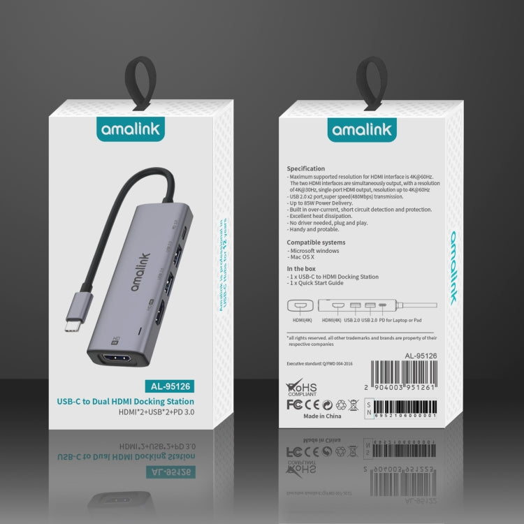 amalink 95126 타입-C / USB-C to 듀얼 HDMI + 2포트 USB + PD 3.0 다기능 허브, 95126