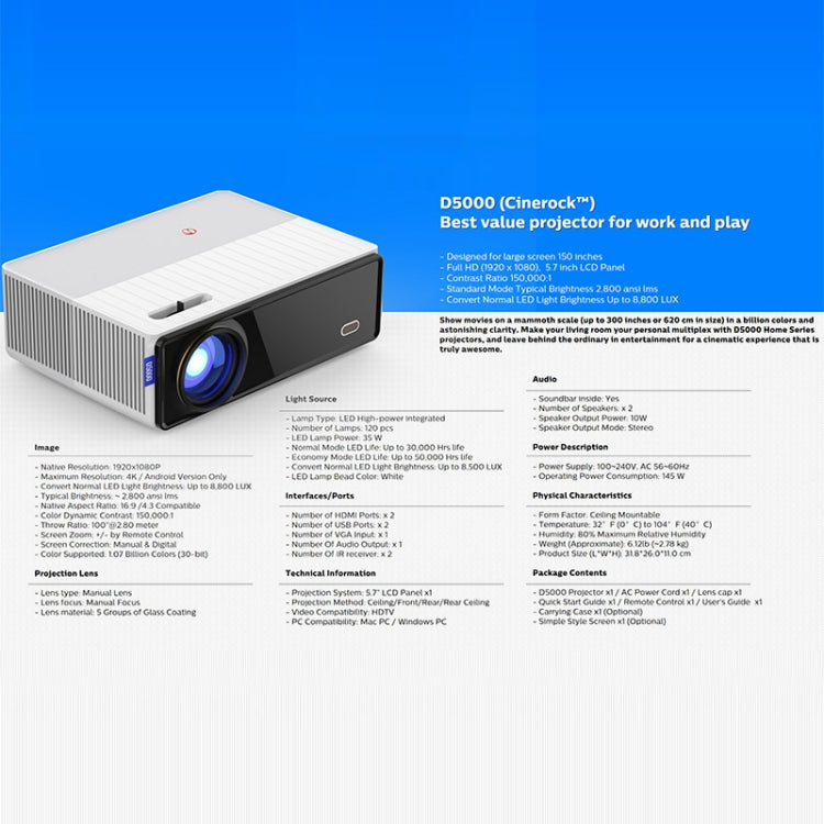 D5000 1920x1080P 420ANSI 6000루멘 LCD + LED HD 디지털 프로젝터, 기본 버전, 화면 미러링, 안드로이드 9.0