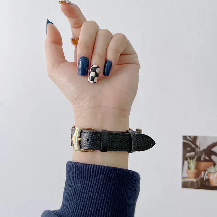 D자형 스틸 + 천연 가죽 스트랩, Apple Watch 시리즈용, 7 41mm / 6&SE&5&4 40mm / 3&2&1 38mm, 7 45mm / 6&SE&5&4 44mm / 3&2&1 42mm